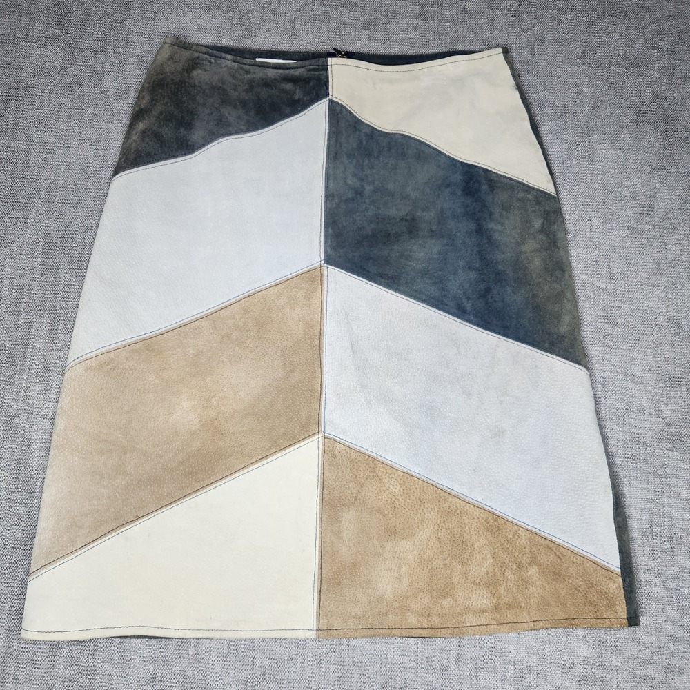 Vintage Via Patchwork Leather Skirt Blue Tan Chevron Suede A-Line Size 10